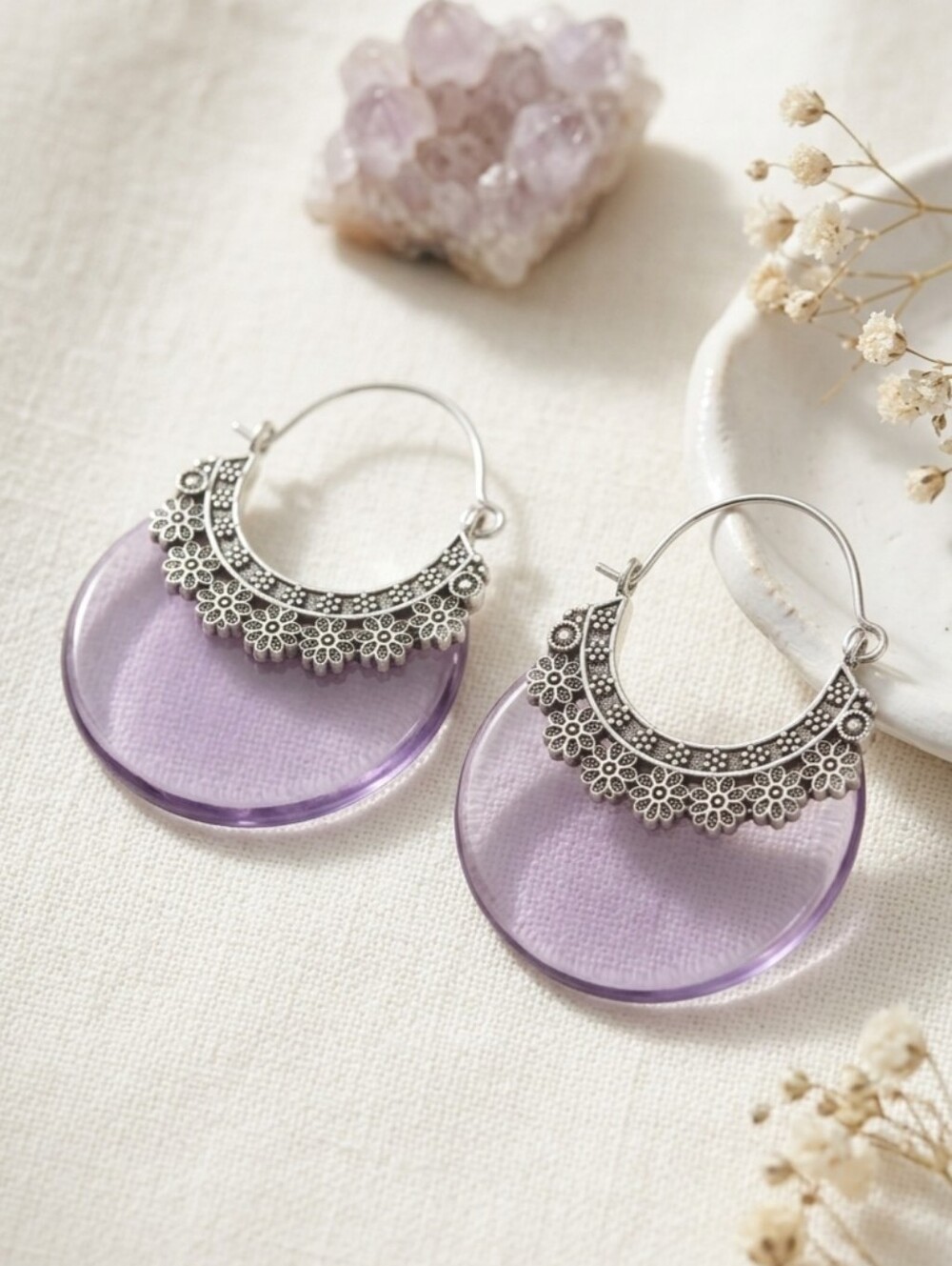 925 Silver Plated Filigree Genuine Amethyst Hoop Earrings Bohemian Artisan 2"